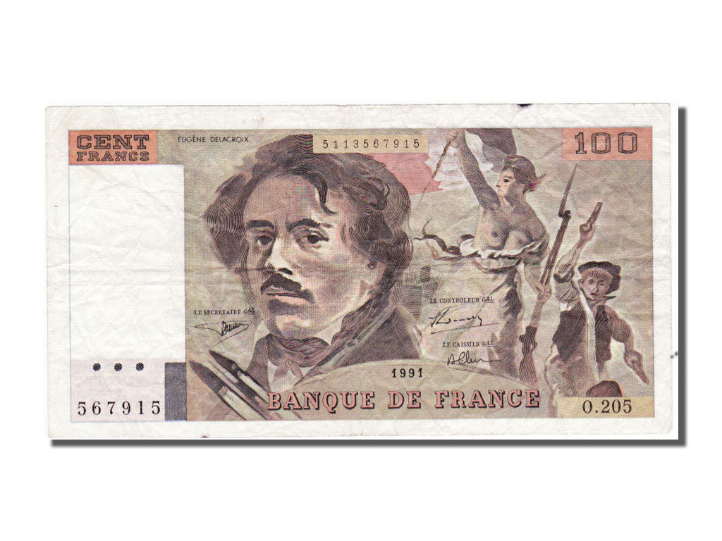 Billete, Francia, 100 Francs, 100 F 1978-1995 ''Delacroix'', 1991, MBC