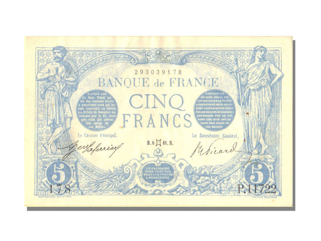 France, 5 Francs, 5 F 1912-1917 ''Bleu'', 1916, KM #70, 1916-05-06, UNC(60-62),.