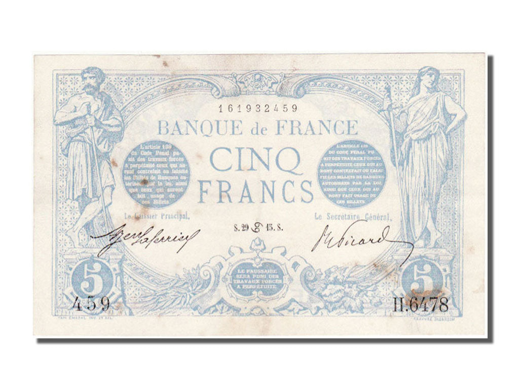 Banknote, France, 5 Francs, 5 F 1912-1917 ''Bleu'', 1915, 1915-06-29, EF(40-45)