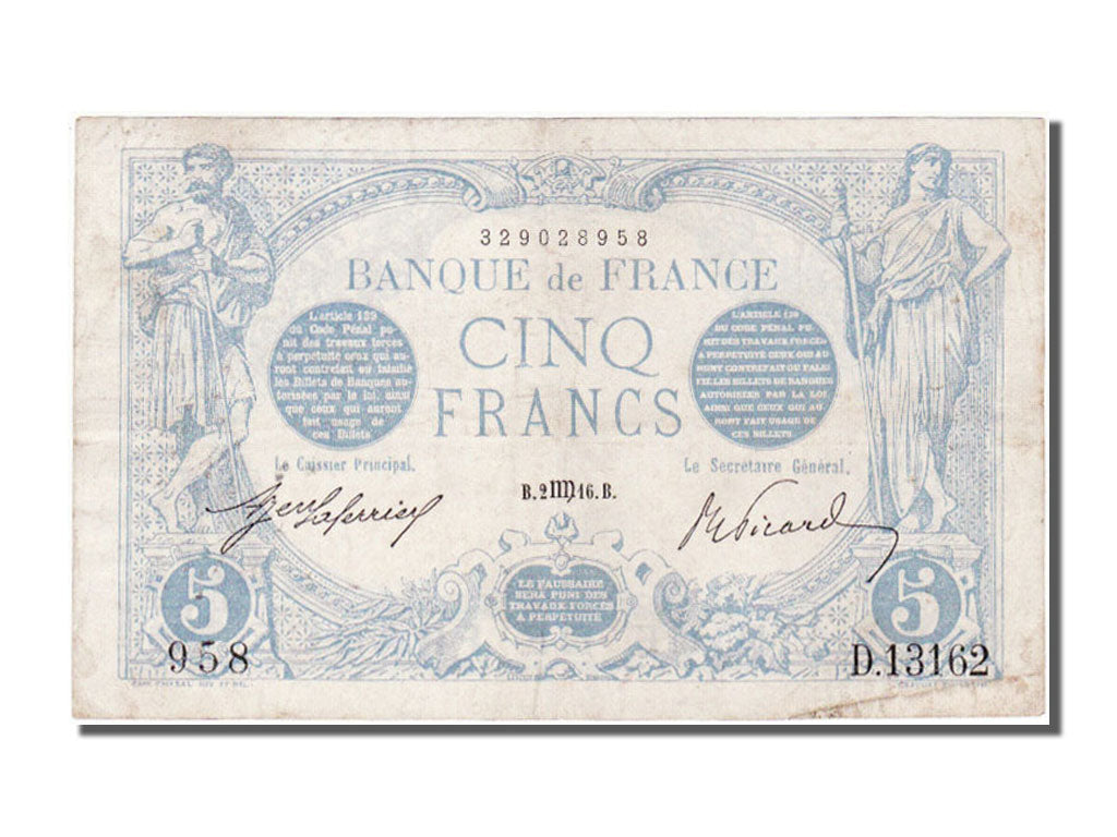 Geldschein, Frankreich, 5 Francs, 5 F 1912-1917 ''Bleu'', 1916, 1916-08-02, SS