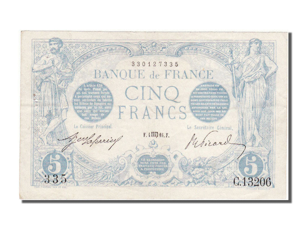 Banknot, Francja, 5 Francs, Bleu, 1916, 1916-08-04, AU(50-53), Fayette:2.42