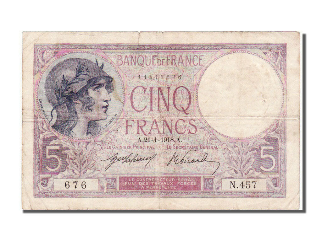 Banconote, Francia, 5 Francs, 5 F 1917-1940 ''Violet'', 1918, 1918-01-21, BB