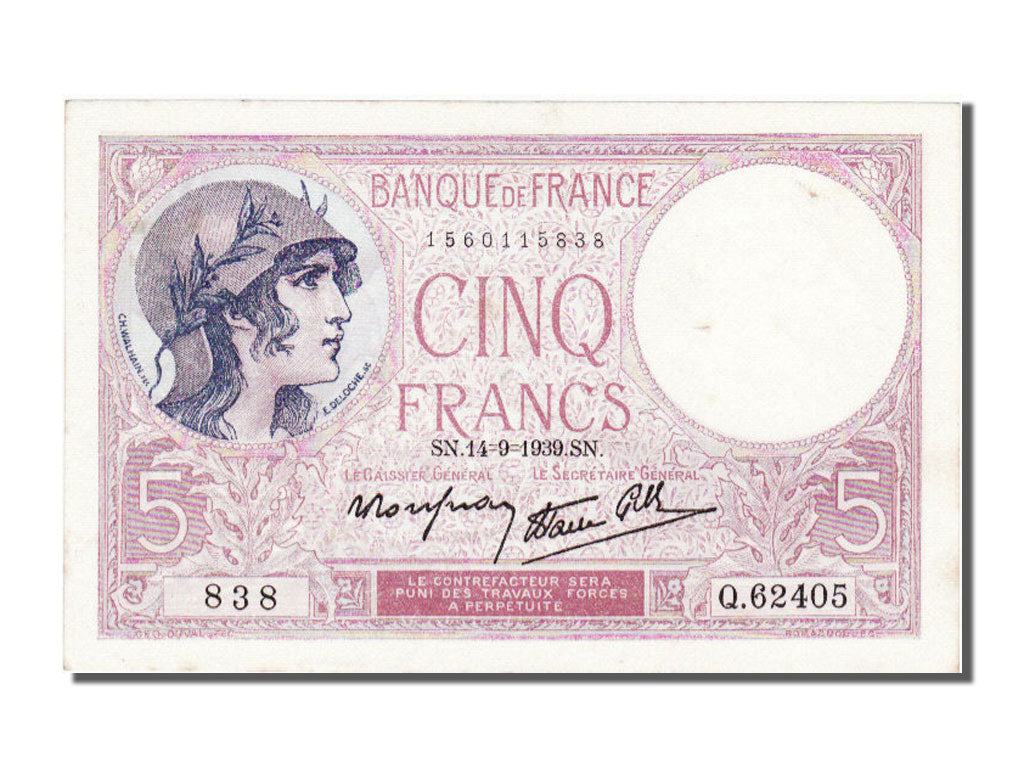 Billete, Francia, 5 Francs, 5 F 1917-1940 ''Violet'', 1939, 1939-09-14, SC