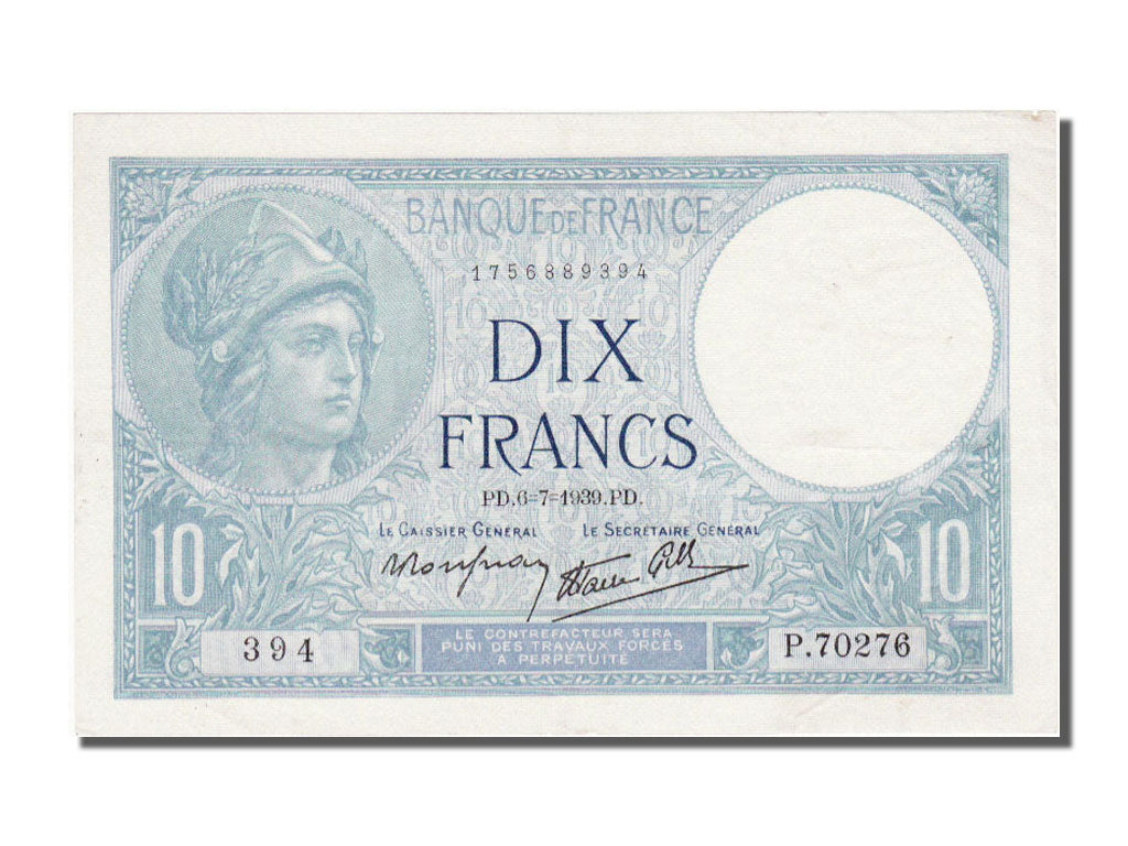 Banknote, France, 10 Francs, 10 F 1916-1942 ''Minerve'', 1939, 1939-07-06