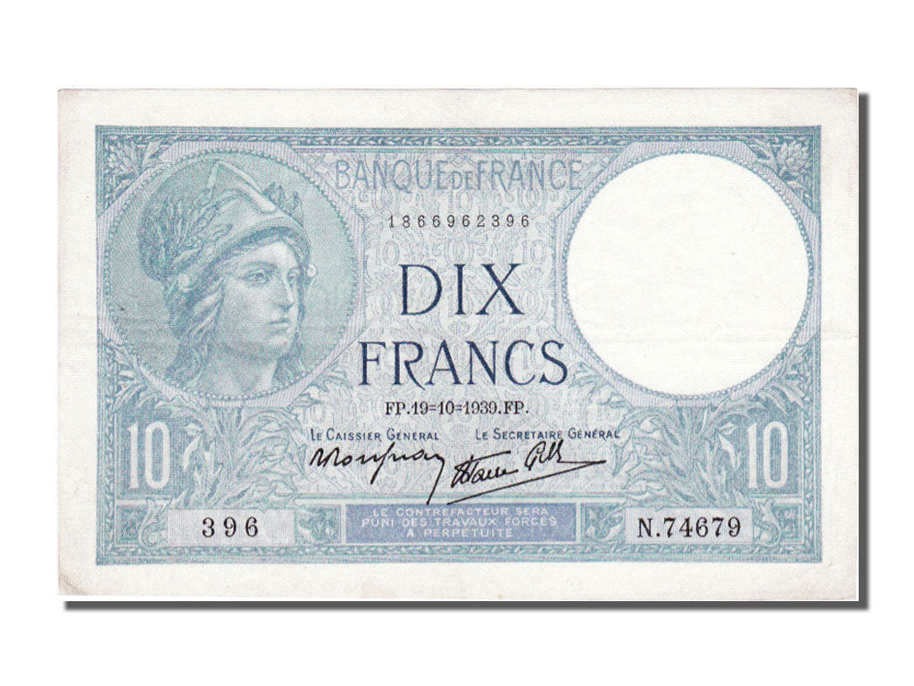 Banknot, Francja, 10 Francs, Minerve, 1939, 1939-10-19, AU(55-58), Fayette:7.12