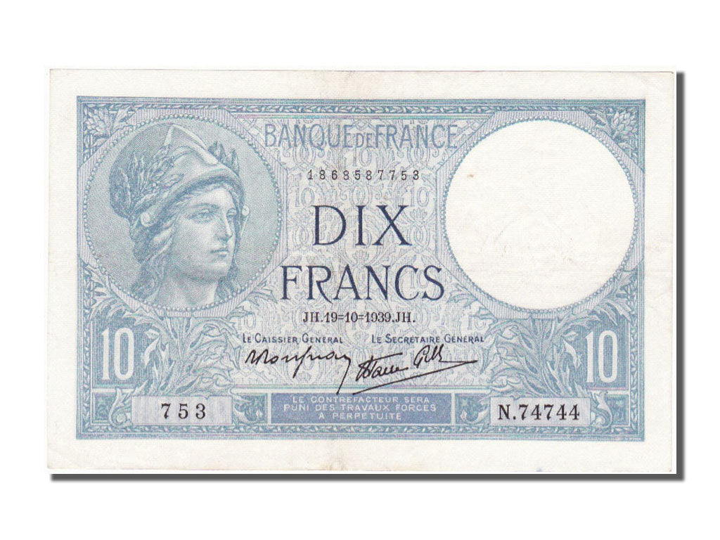 Billete, Francia, 10 Francs, 10 F 1916-1942 ''Minerve'', 1939, 1939-10-19, EBC