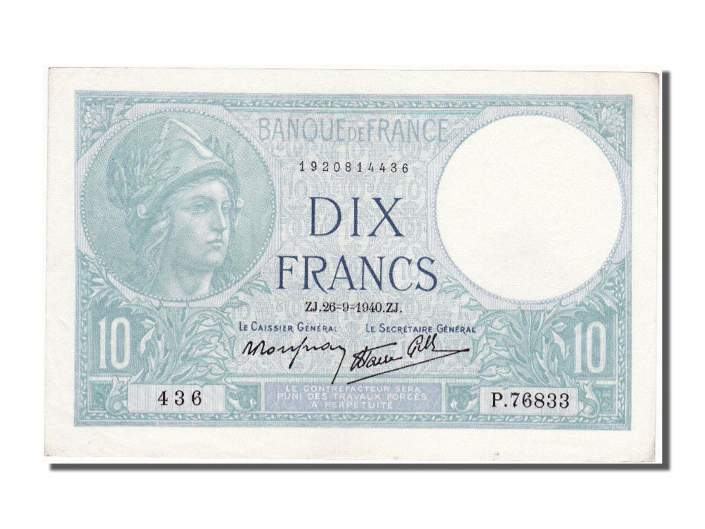 Banknote, France, 10 Francs, 10 F 1916-1942 ''Minerve'', 1940, 1940-09-26