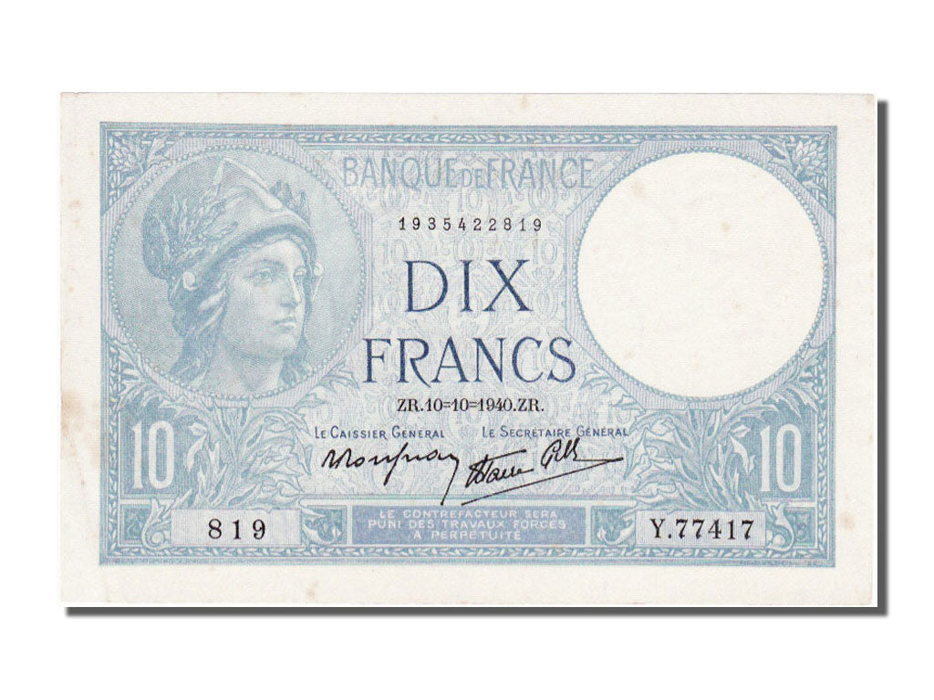 Billete, Francia, 10 Francs, 10 F 1916-1942 ''Minerve'', 1940, 1940-10-10, EBC