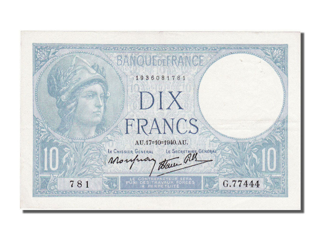 Banconote, Francia, 10 Francs, 10 F 1916-1942 ''Minerve'', 1940, 1940-10-17