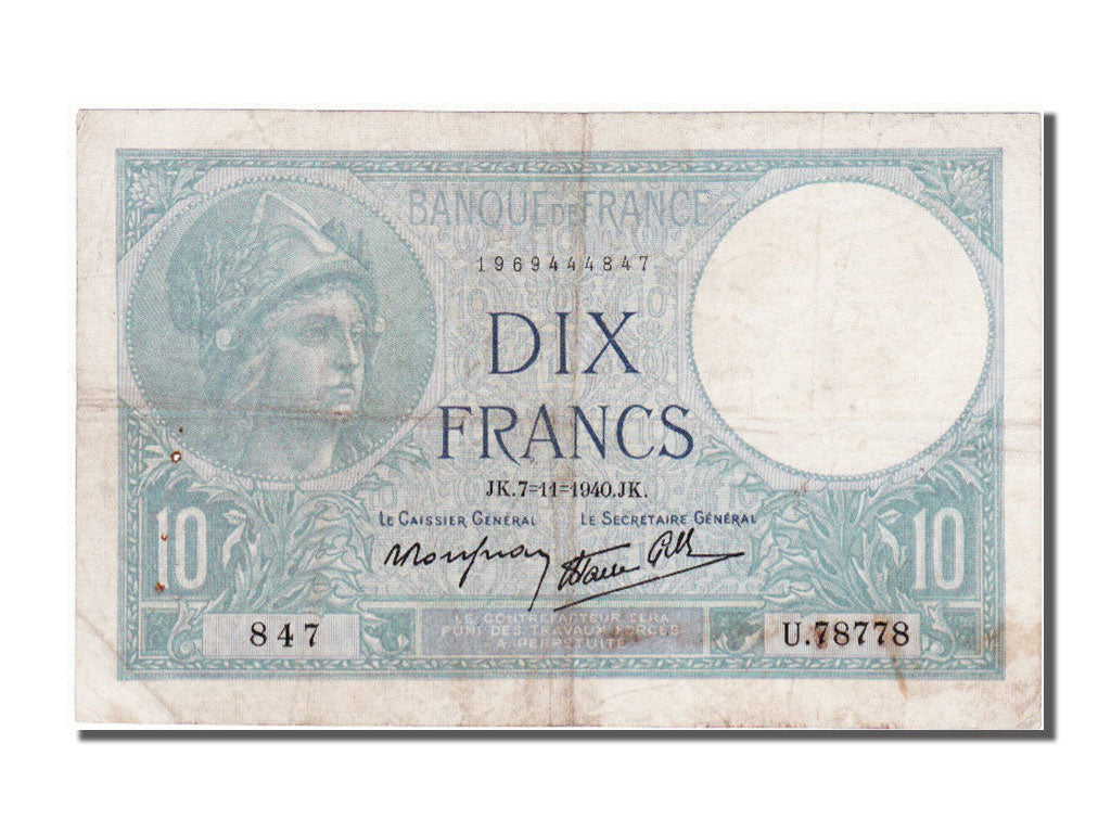 Banknot, Francja, 10 Francs, Minerve, 1940, 1940-11-07, VF(30-35), Fayette:7.19