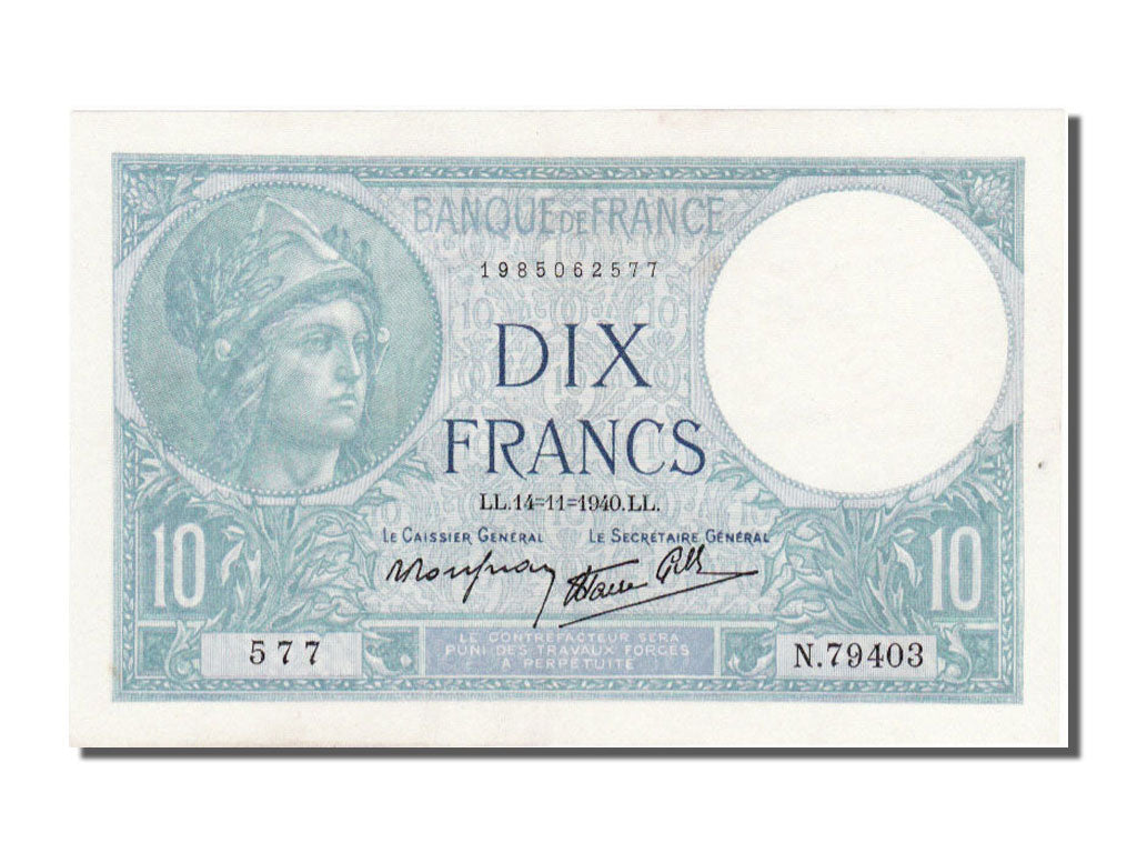 Billete, Francia, 10 Francs, 10 F 1916-1942 ''Minerve'', 1940, 1940-11-14, EBC+