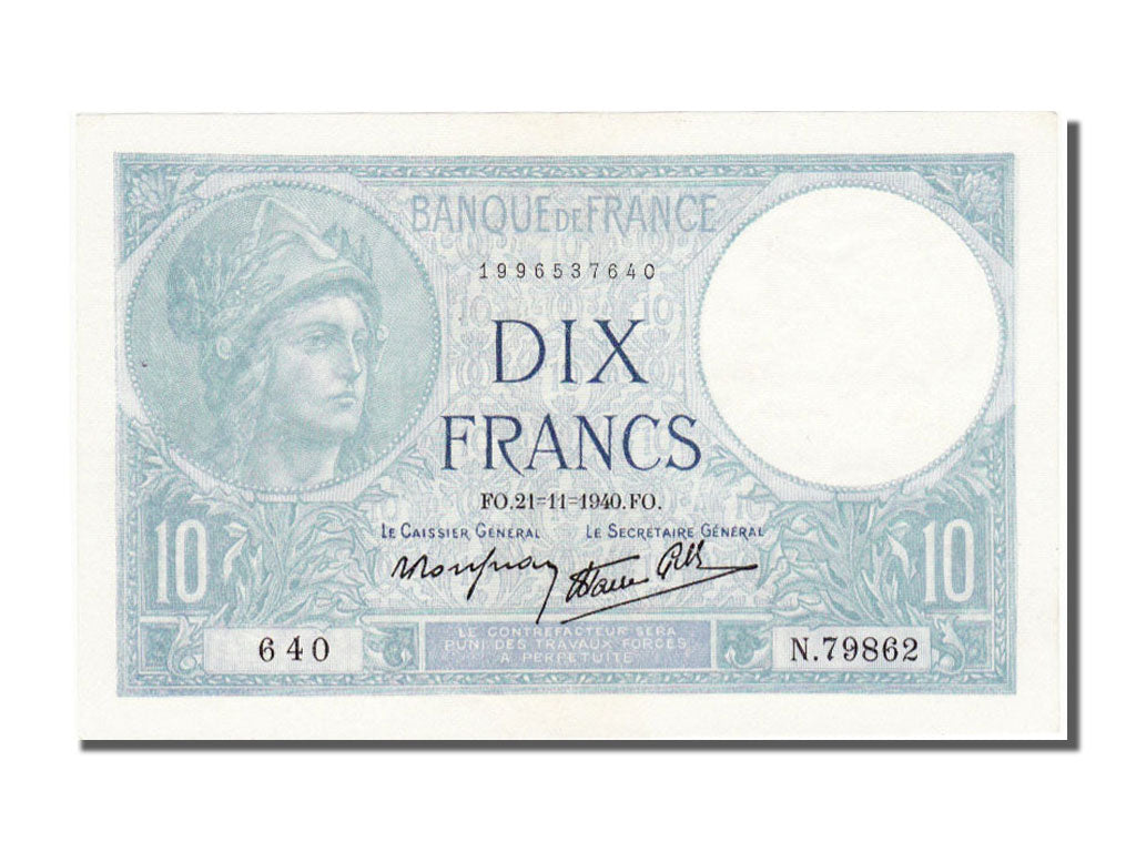 Banconote, Francia, 10 Francs, 10 F 1916-1942 ''Minerve'', 1940, 1940-11-21
