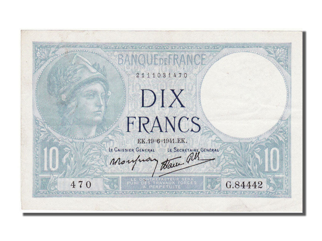 Geldschein, Frankreich, 10 Francs, 10 F 1916-1942 ''Minerve'', 1941, 1941-06-19
