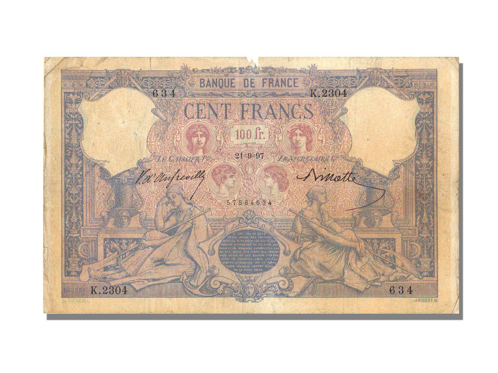 Banknot, Francja, 100 Francs, Bleu et Rose, 1897, 1897-09-21, EF(40-45)