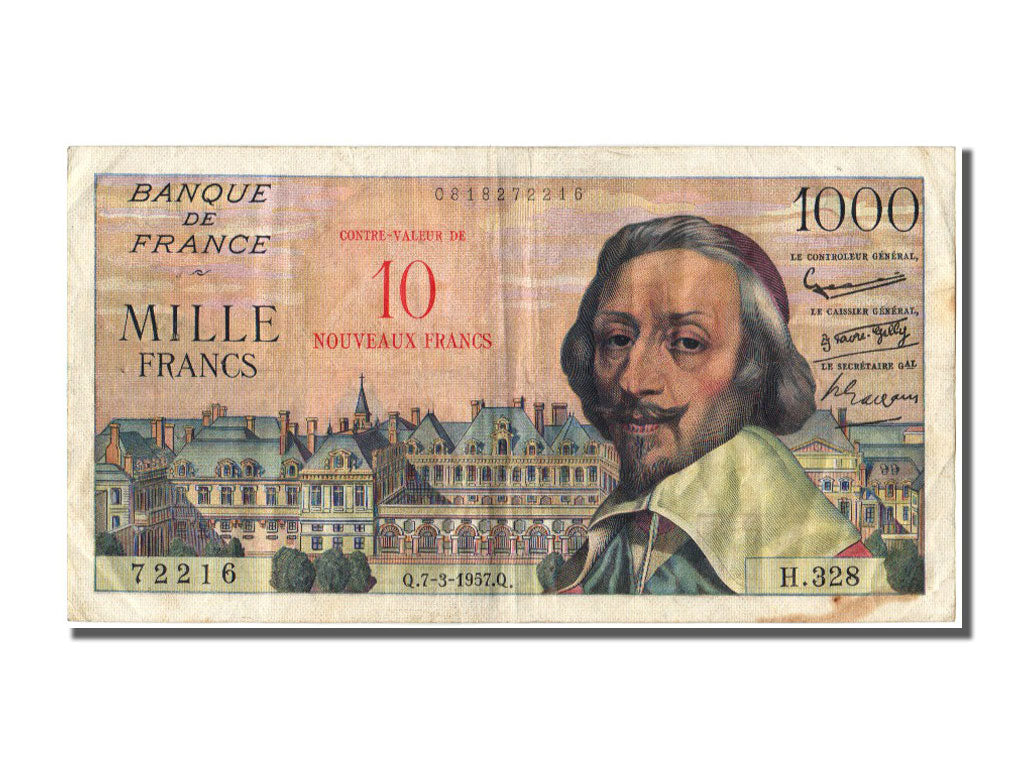 Banknote, France, 10 Nouveaux Francs on 1000 Francs, 1955-1959 Overprinted with