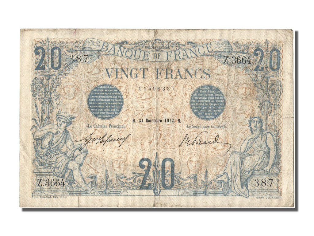 Geldschein, Frankreich, 20 Francs, 20 F 1905-1913 ''Bleu'', 1912, 1912-12-31