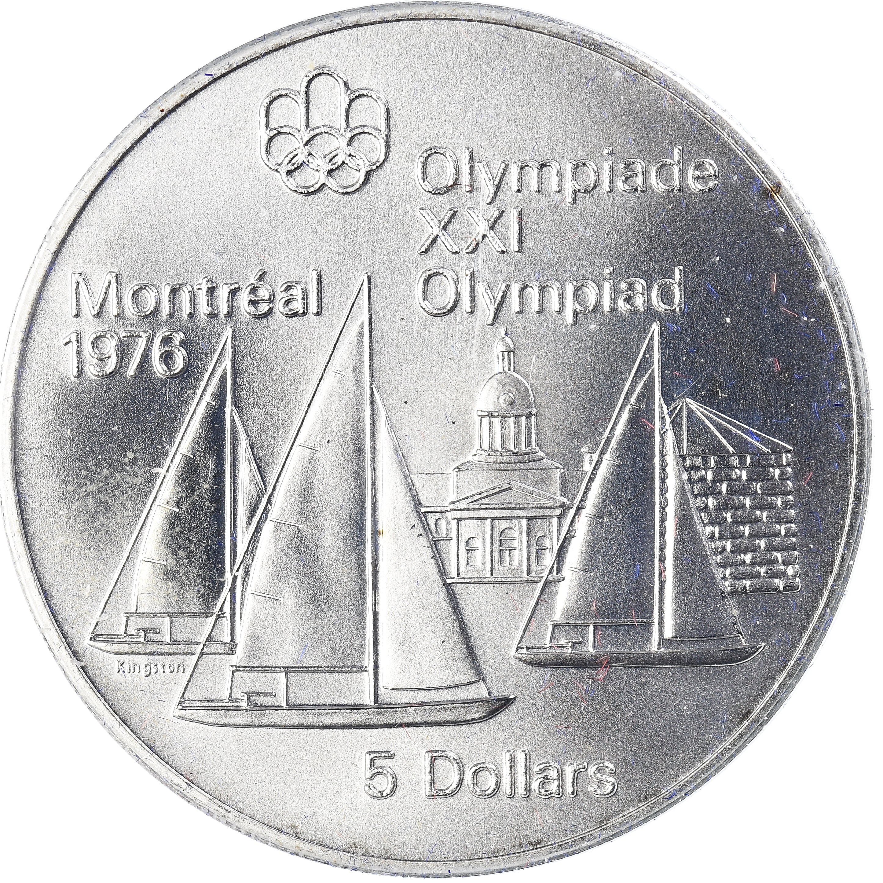 Moeda, Canadá, Elizabeth II, 1976 Olympics - Kingston & Sailboats, 5 Dollars