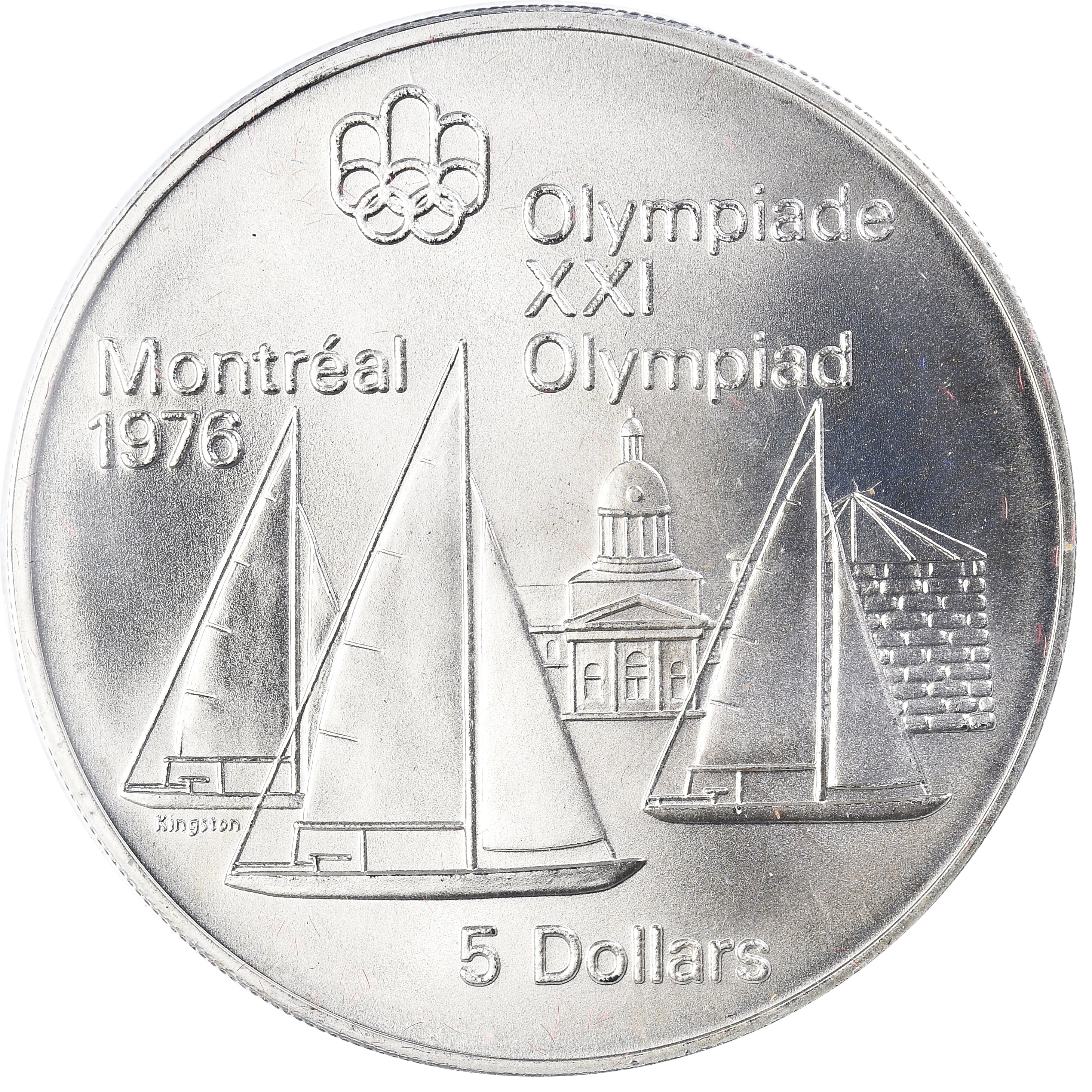 Munten, Canada, Elizabeth II, 1976 Olympics - Kingston & Sailboats, 5 Dollars
