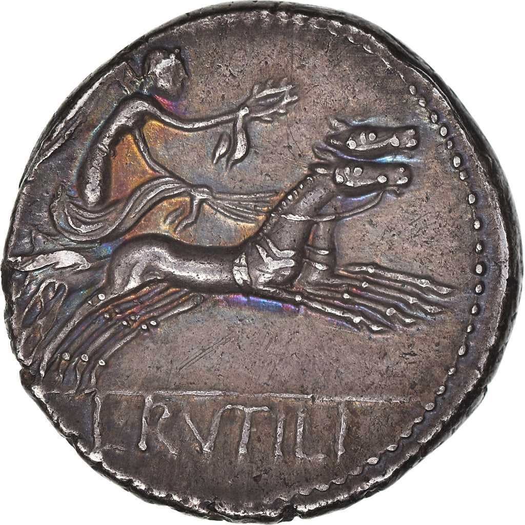 Rutilia, Denarius, 77 BC, Rome, Pedigree, Silver, AU(55-58), Crawford:387/1
