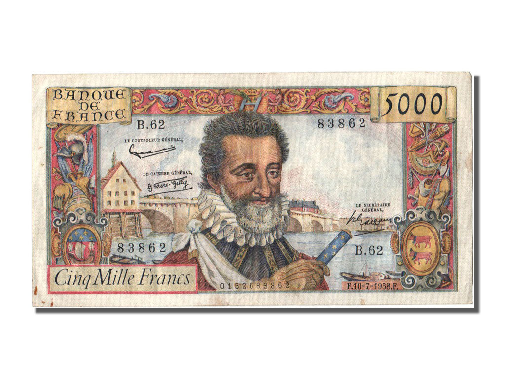 Banknote, France, 5000 Francs, 5 000 F 1957-1958 ''Henri IV'', 1958, 1958-07-10