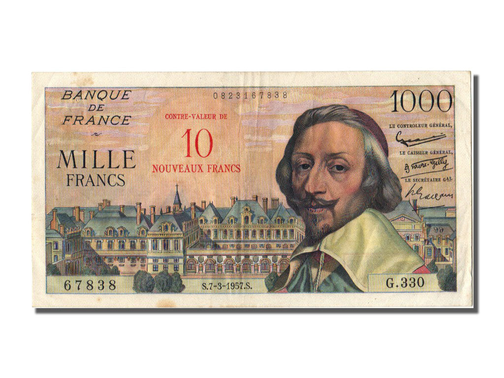 Billet, France, 10 Nouveaux Francs on 1000 Francs, 1955-1959 Overprinted with
