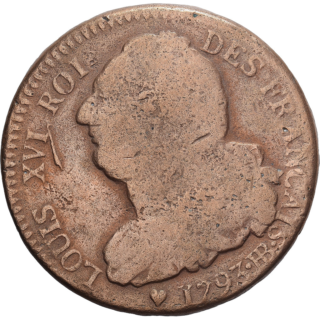 Moneda, Francia, 2 Sols, 1793 / AN 5, Strasbourg, BC, Cuivre, Gadoury:24