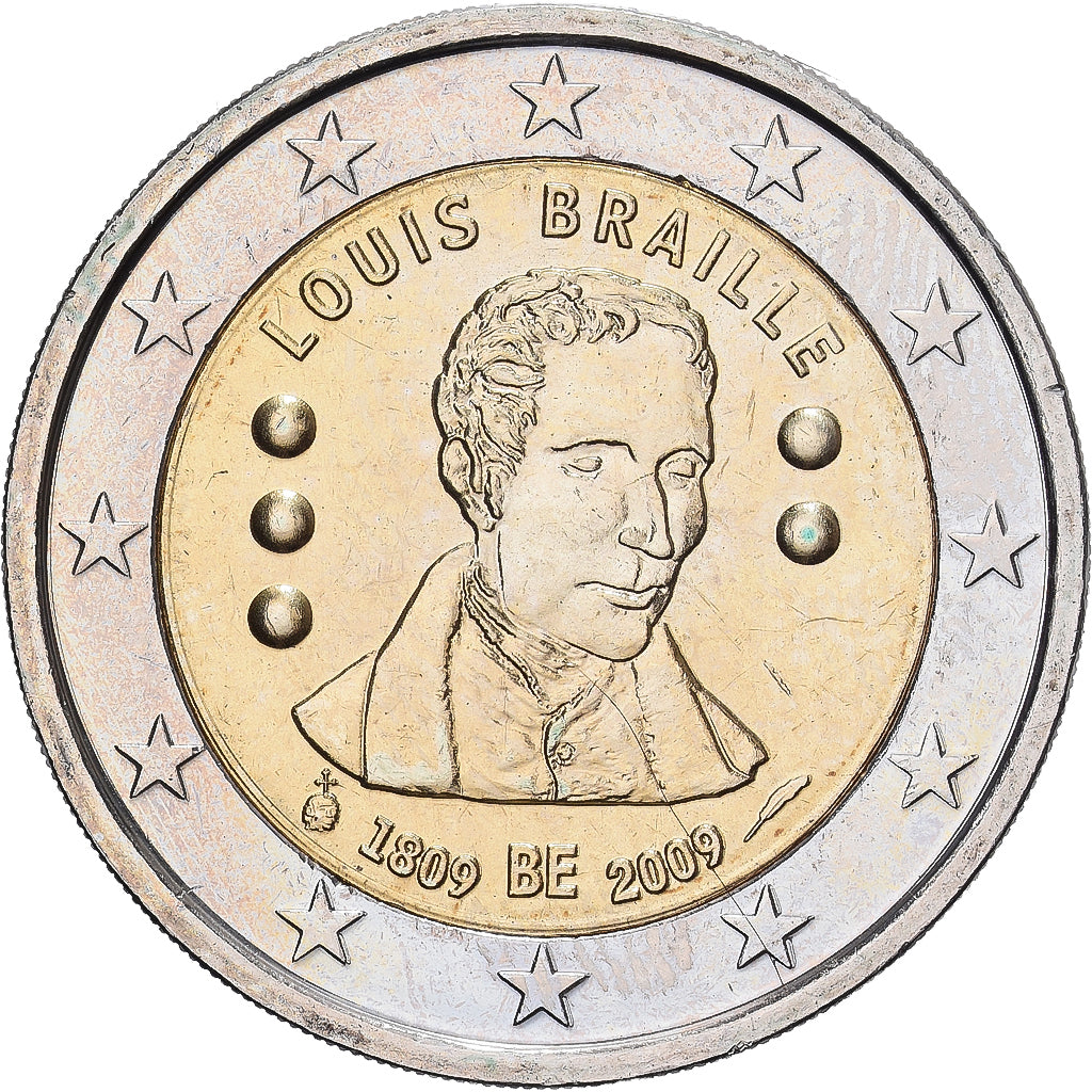 Bélgica, 2 Euro, 2009, Brussels, Louis Braille, FDC, Bimetálico, KM:288
