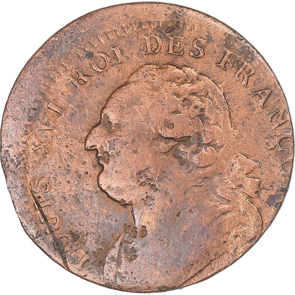 Francja, 12 Deniers, 1792, Rouen, Bicie poza środkiem, Cuivre, VF(20-25)