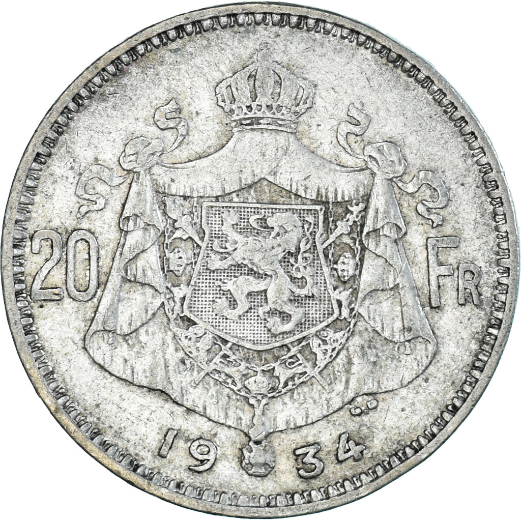 Munten, België, 20 Francs, 20 Frank, 1934, ZF+, Zilver, KM:104.1