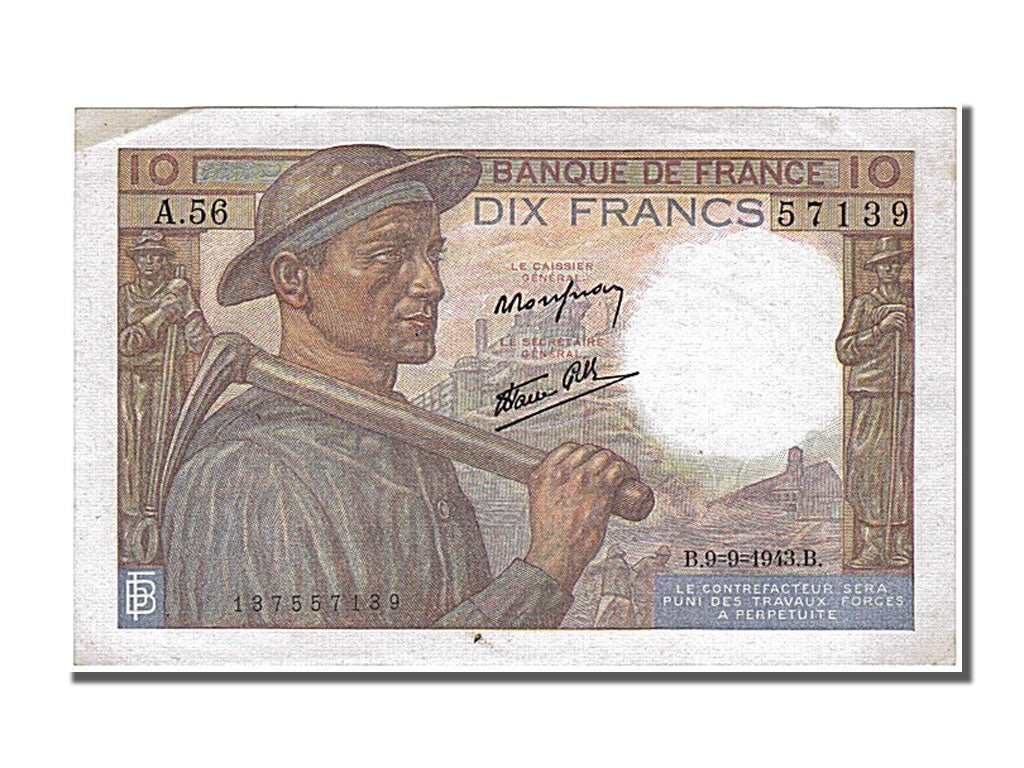 Banknot, Francja, 10 Francs, Mineur, 1943, 1943-09-09, UNC(64), Fayette:8.9