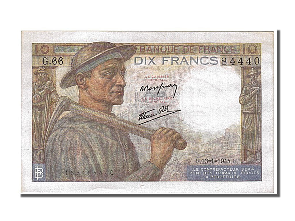 Banconote, Francia, 10 Francs, 10 F 1941-1949 ''Mineur'', 1944, 1944-01-13