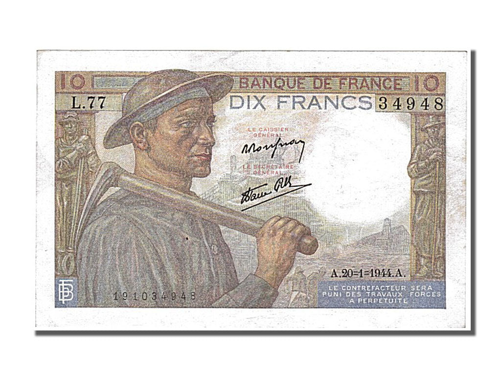 Banknote, France, 10 Francs, 10 F 1941-1949 ''Mineur'', 1944, 1944-01-20