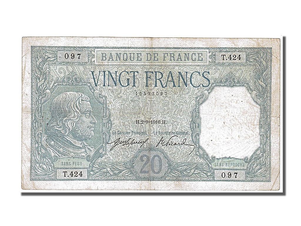 Geldschein, Frankreich, 20 Francs, 20 F 1916-1919 ''Bayard'', 1916, 1916-09-02