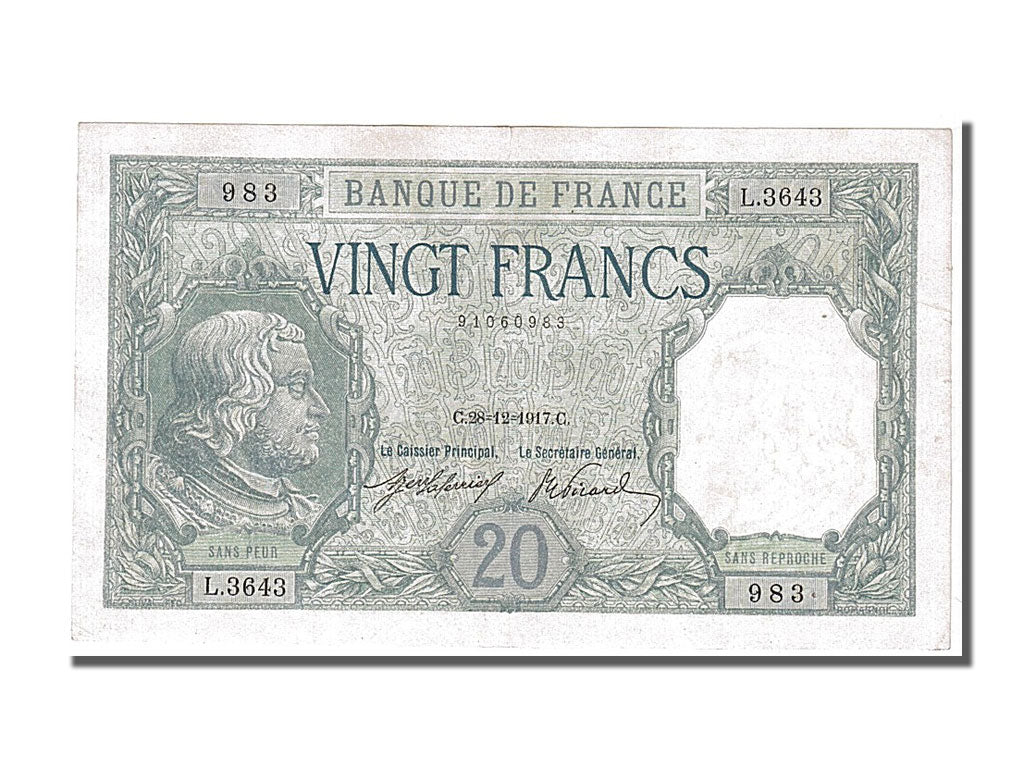 Banknot, Francja, 20 Francs, Bayard, 1917, 1917-12-28, AU(50-53), Fayette:11.2