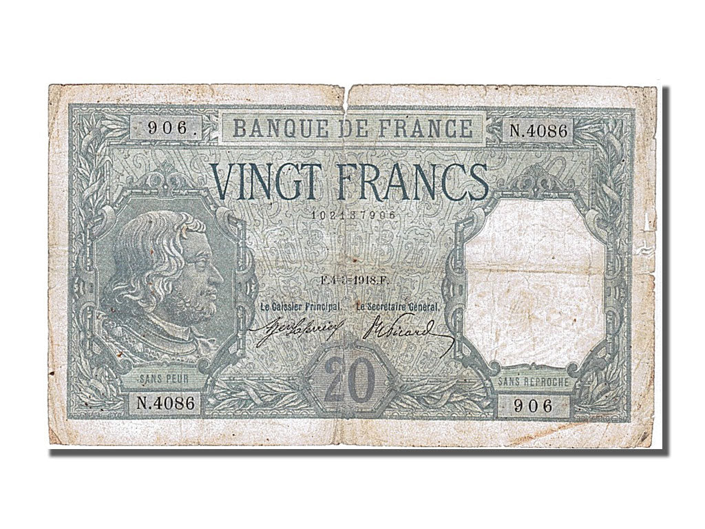 Banconote, Francia, 20 Francs, 20 F 1916-1919 ''Bayard'', 1918, 1918-03-04, MB+
