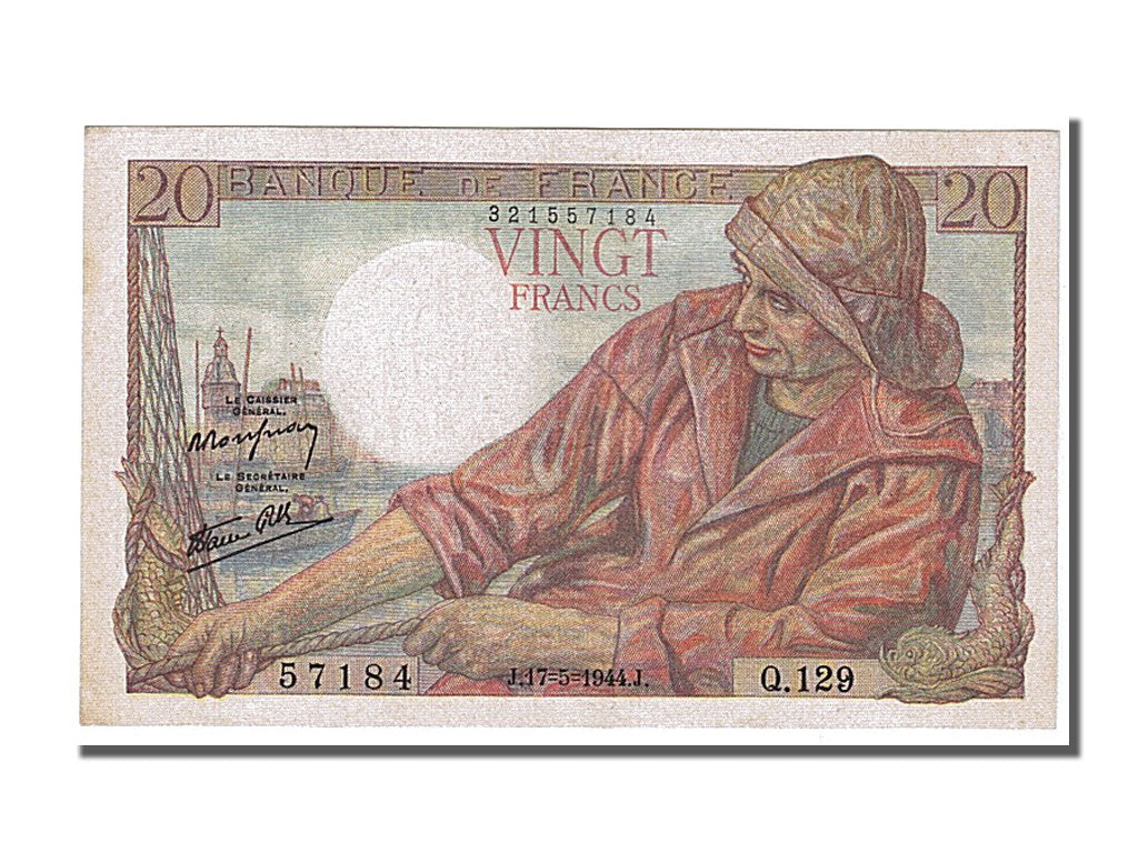 Banknot, Francja, 20 Francs, Pêcheur, 1944, 1944-05-17, UNC(63), Fayette:13.9