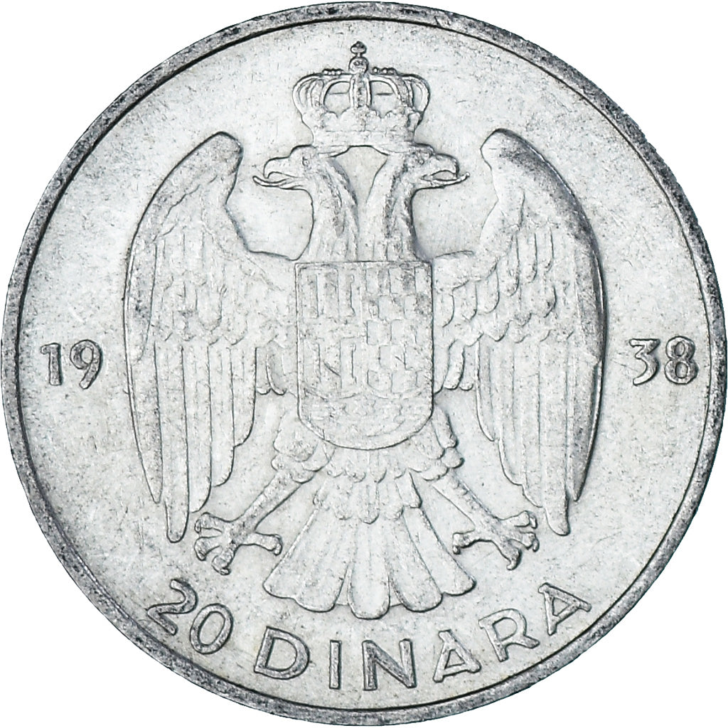 Moneta, Jugosławia, Petar II, 20 Dinara, 1938, AU(55-58), Srebro, KM:23