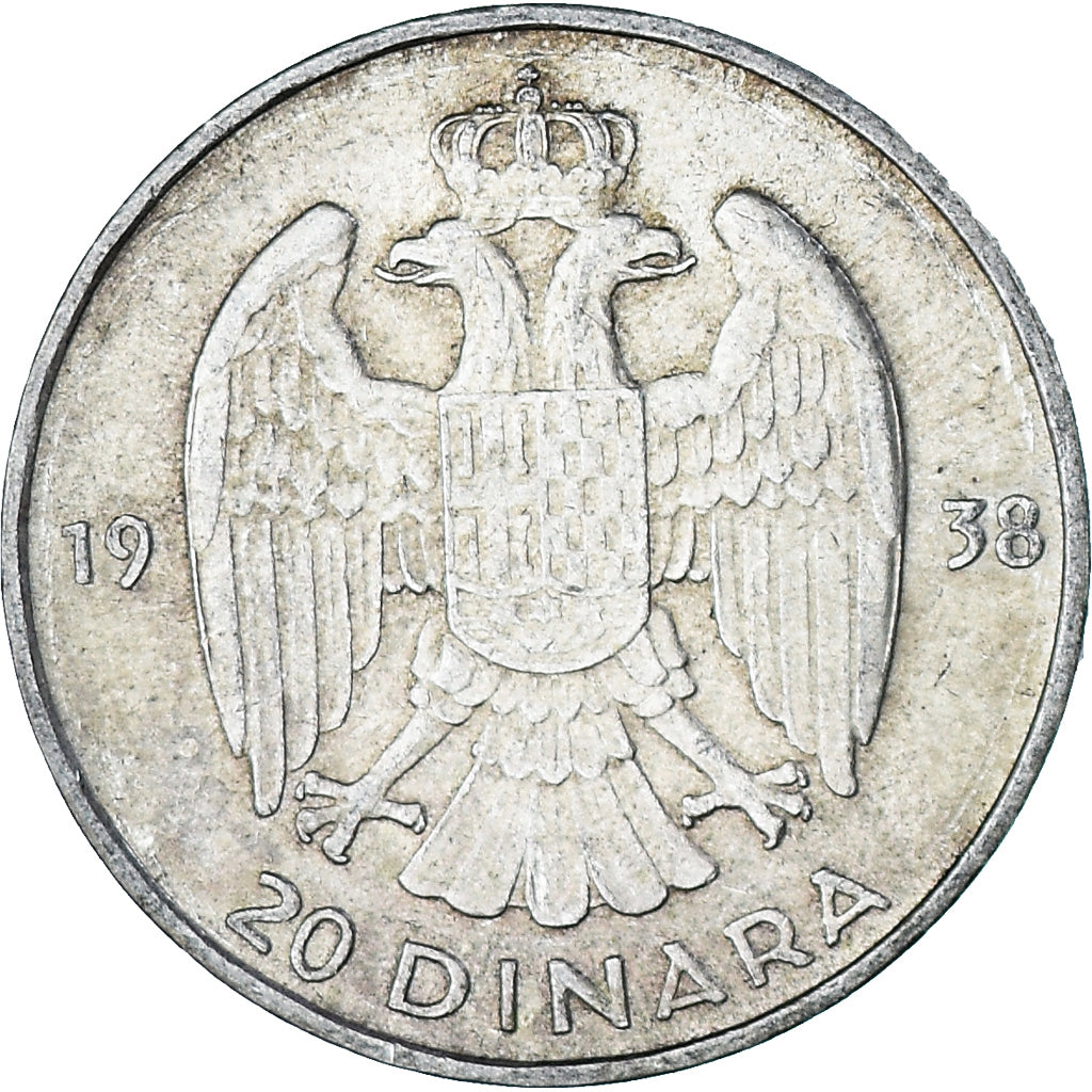 Coin, Yugoslavia, Petar II, 20 Dinara, 1938, AU(55-58), Silver, KM:23
