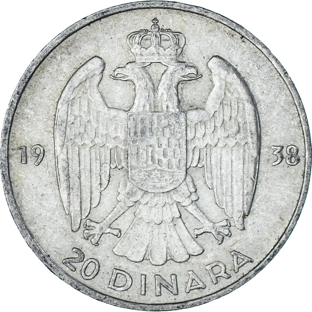 Moeda, Jugoslávia, Petar II, 20 Dinara, 1938, AU(55-58), Prata, KM:23