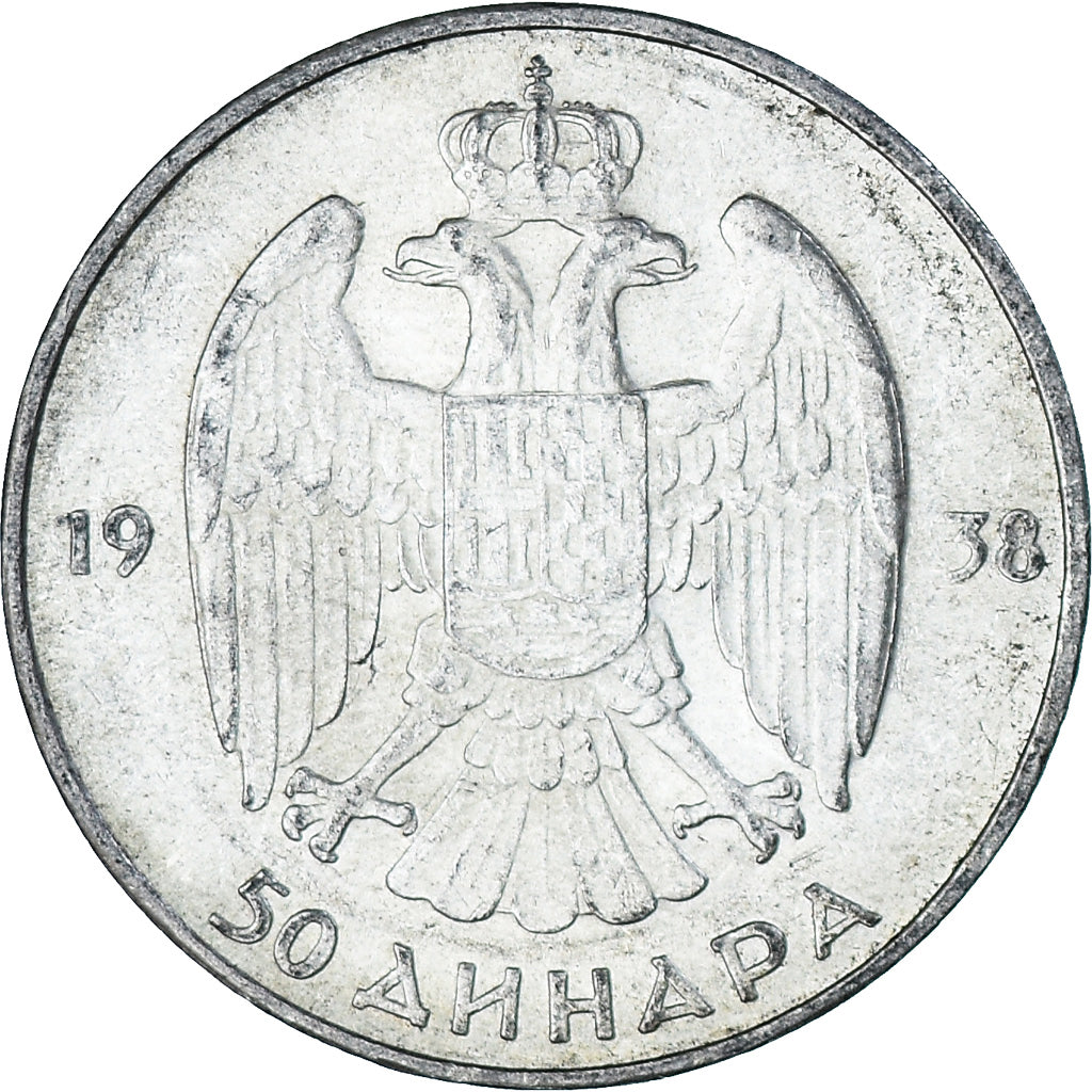 Moneta, Jugosławia, Petar II, 50 Dinara, 1938, AU(55-58), Srebro, KM:24