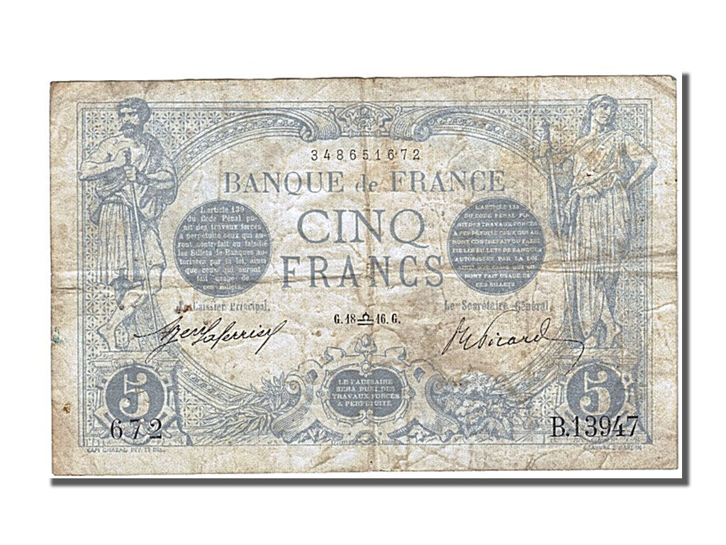 Geldschein, Frankreich, 5 Francs, 5 F 1912-1917 ''Bleu'', 1916, 1916-09-18, S+