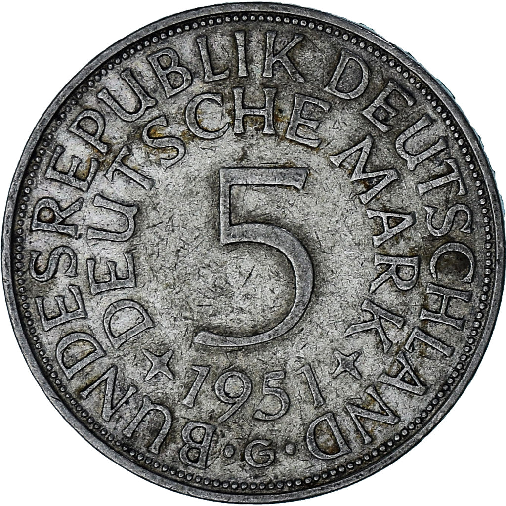 GERMANY - FEDERAL REPUBLIC, 5 Mark, 1951, Karlsruhe, Silver, EF(40-45), KM:112.1