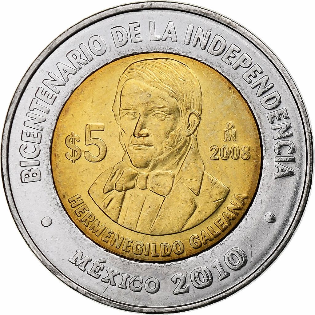 Messico, 5 Pesos, Hermenegildo Galeana, 2008, Mexico City, Bi-metallico, SPL