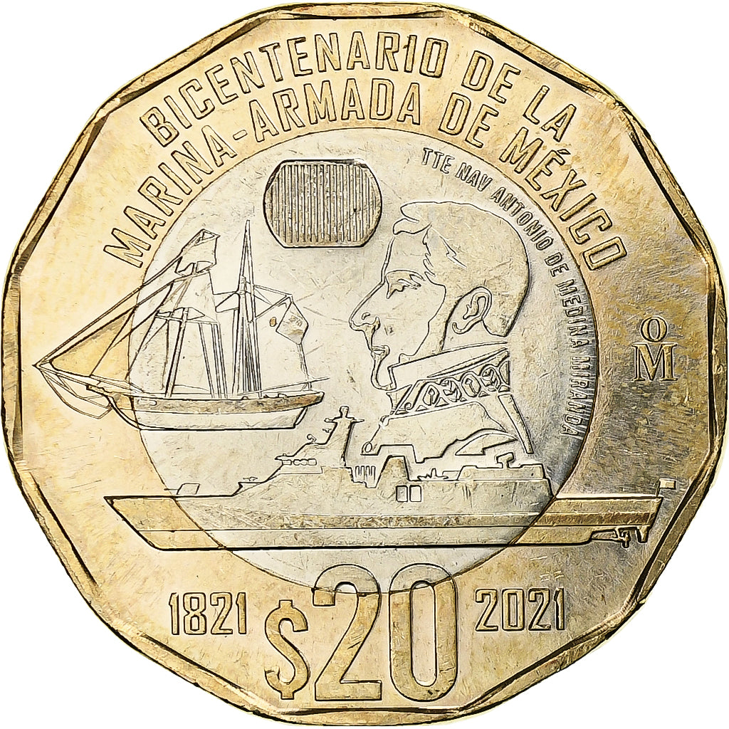 Mexico, 20 Pesos, Bicentenary of the navy, 2021, Bi-Metallic, UNC-