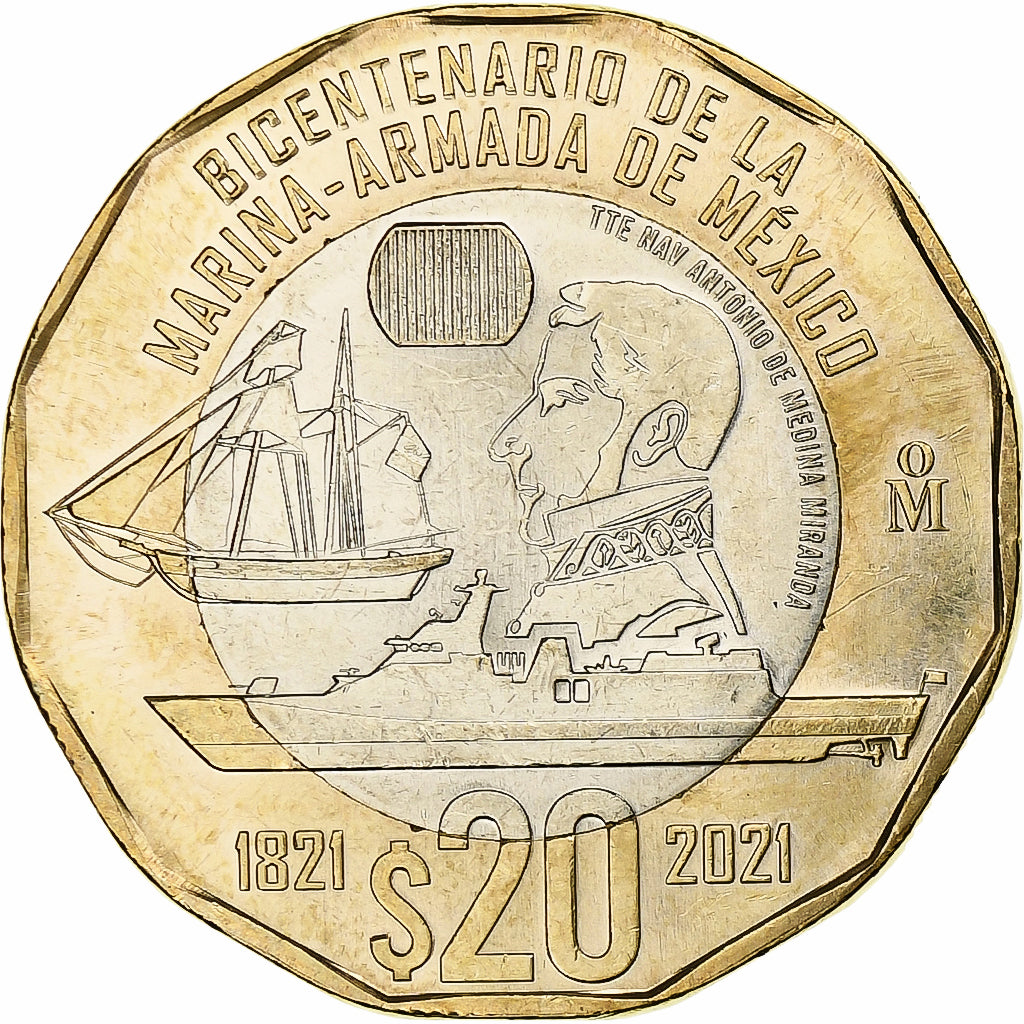México, 20 Pesos, Bicentenary of the navy, 2021, Bimetálico, AU(55-58)