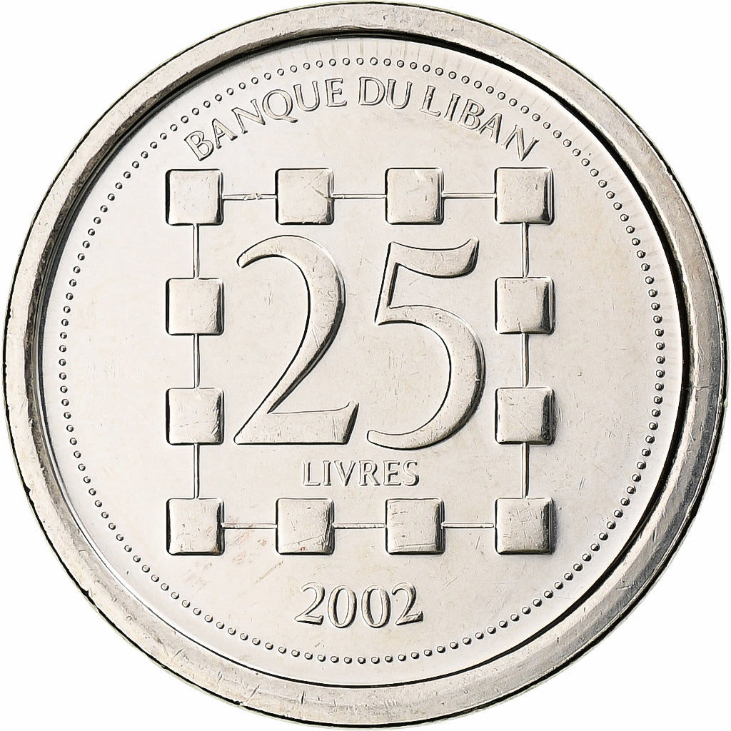 Líbano, 25 Livres, 2002, Aço Niquelado, MS(63), KM:40