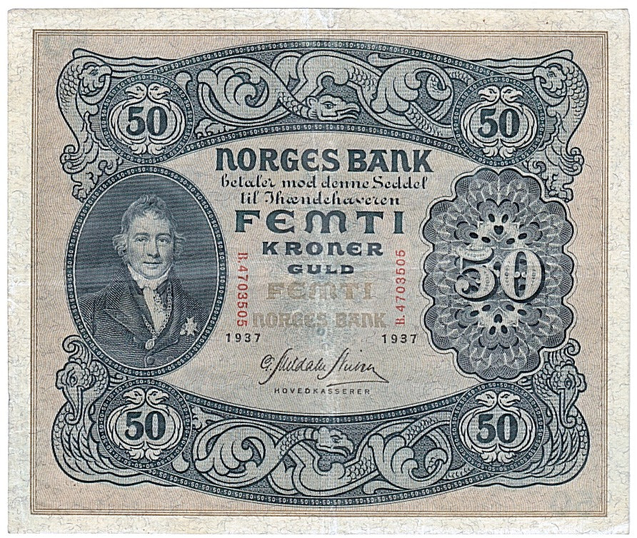 Banknot, Norwegia, 50 Kroner, 1937, EF(40-45)