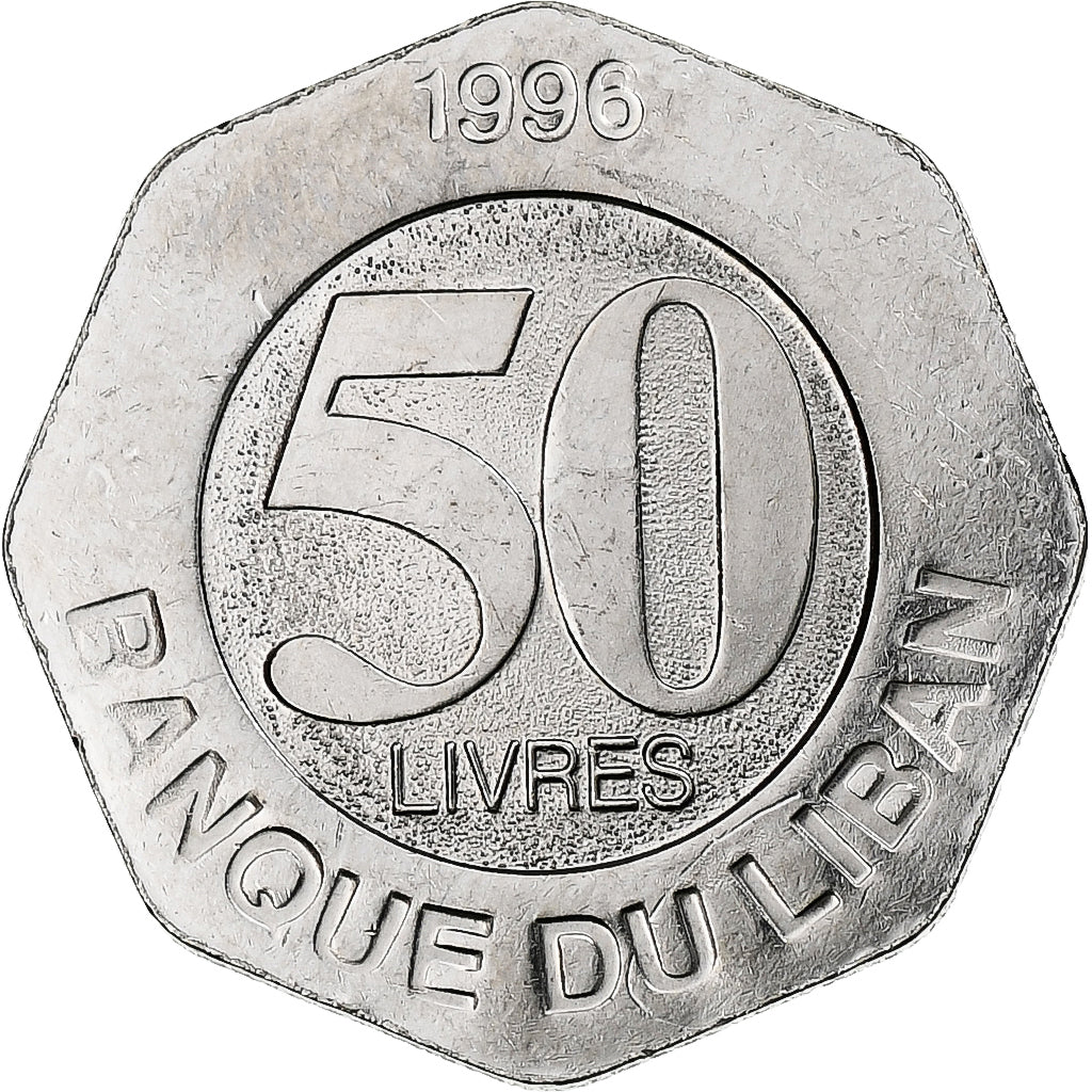 Líbano, 50 Livres, 1996, Royal Canadian Mint, Acero inoxidable, SC, KM:37