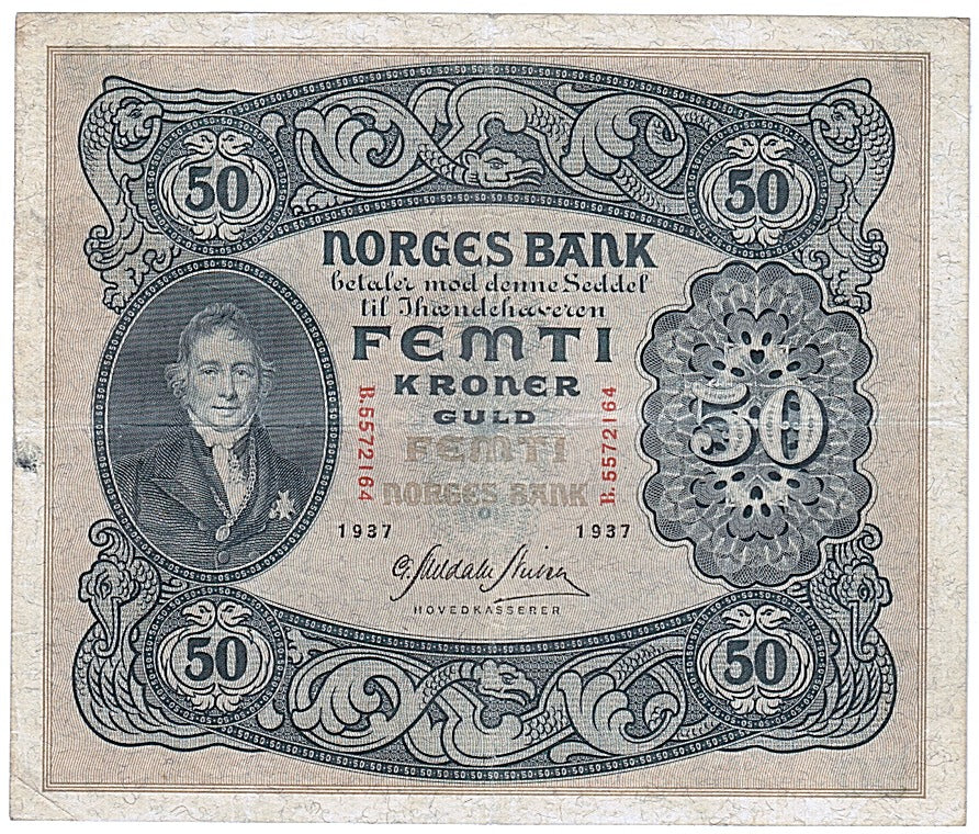 Biljet, Noorwegen, 50 Kroner, 1937, TTB