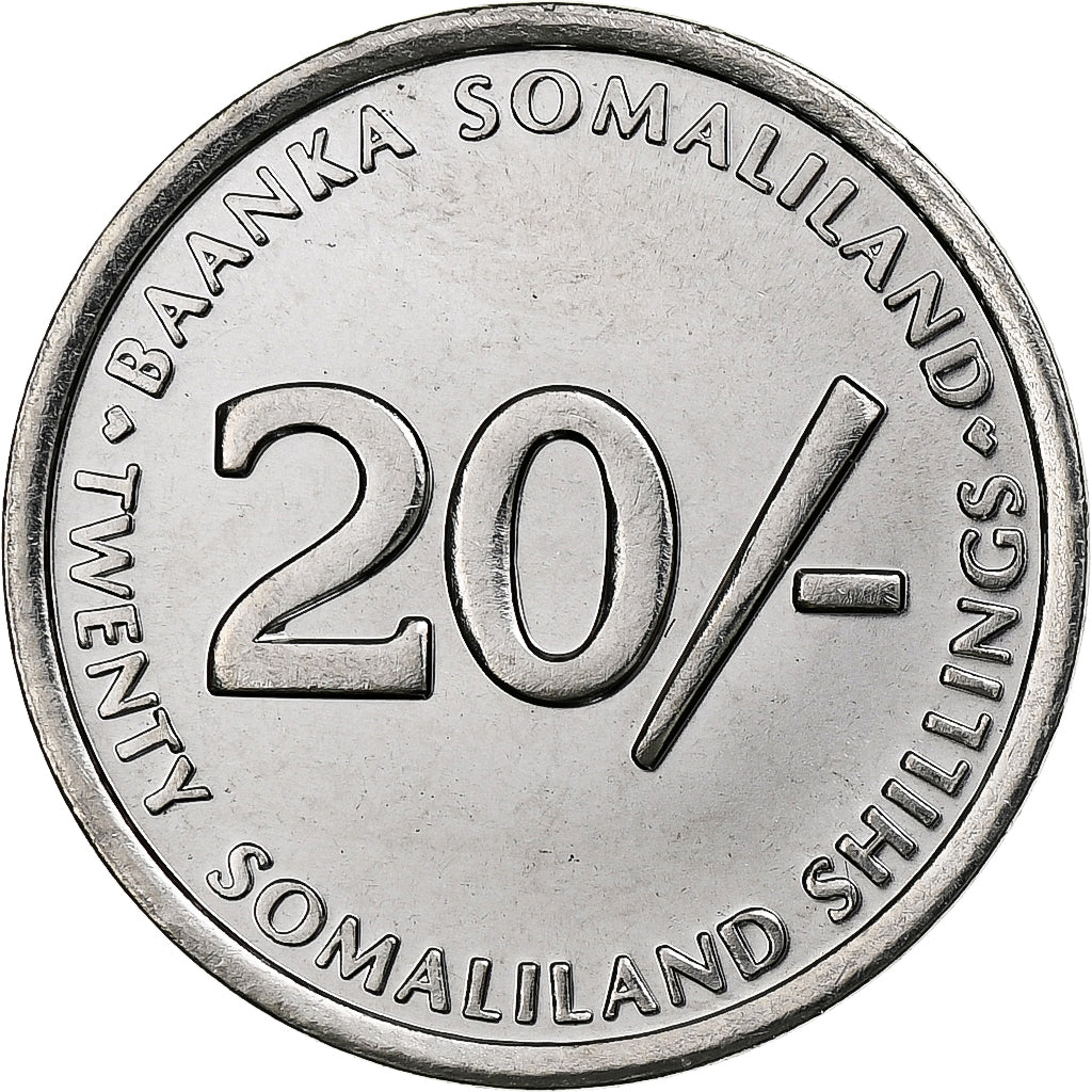 Somaliland, 20 Shillings, 2002, Acciaio inossidabile, SPL, KM:6